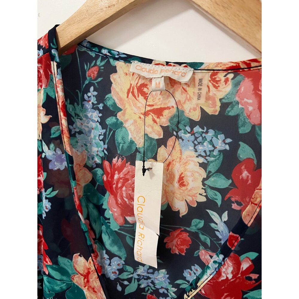 Claudia Richard Navy Floral Lightweight Sheer Oversized Blouse Size Medium - Picture 4 of 7